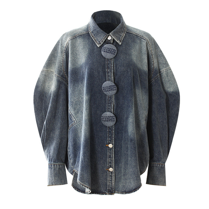 Spring Designer Model Large Buttons Washed Denim Loose Profile Cocoon Shaped Coat Micro Drop Shoulder Shirt Women