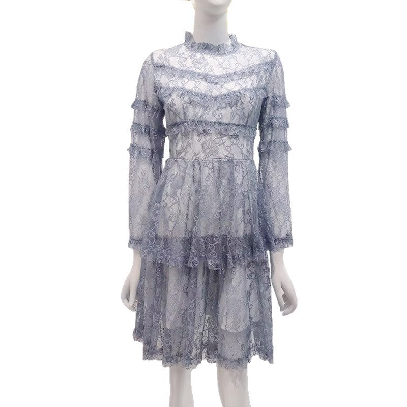 Spring Elegant Casual Stitching Lotus Leaf See through Printed Stand Collar High Waist Long Sleeves Dress Women