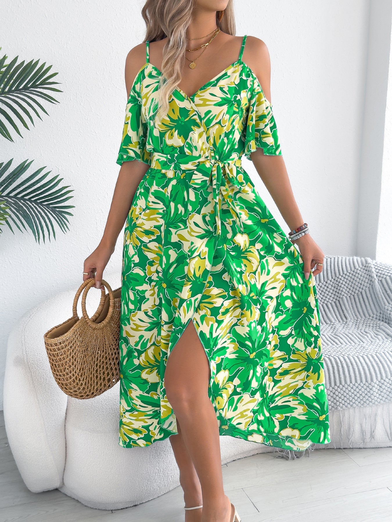 Spring Summer Strapless Cross V neck Floral Strap Dress Holiday Dress Women Clothing