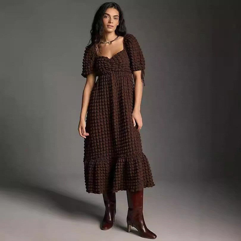 Bubble Sleeve Women Elegant Dress Long Short Sleeve French Tied Vacation Dress