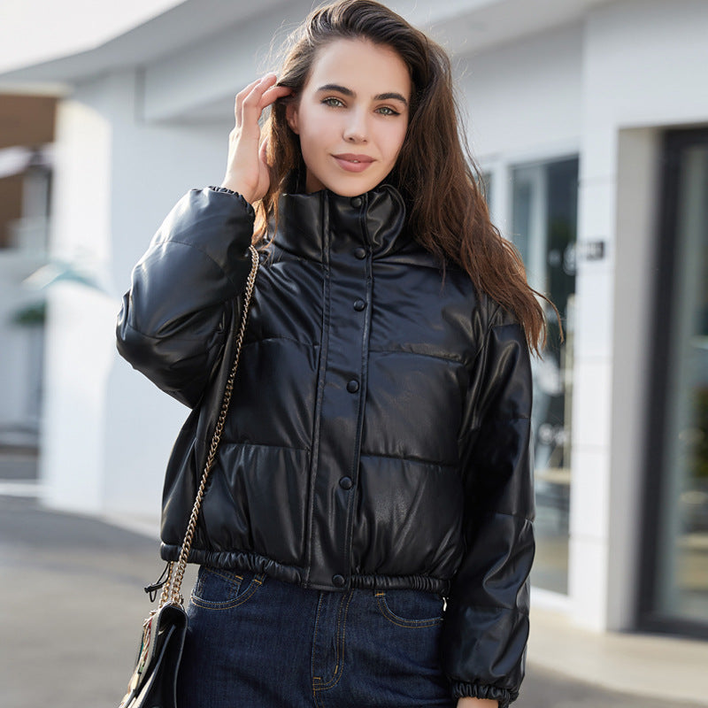 Autumn Winter Leather Coat Plus Size Women's Clothing Exposed Cropped Stand Collar Leather Cotton Jacket