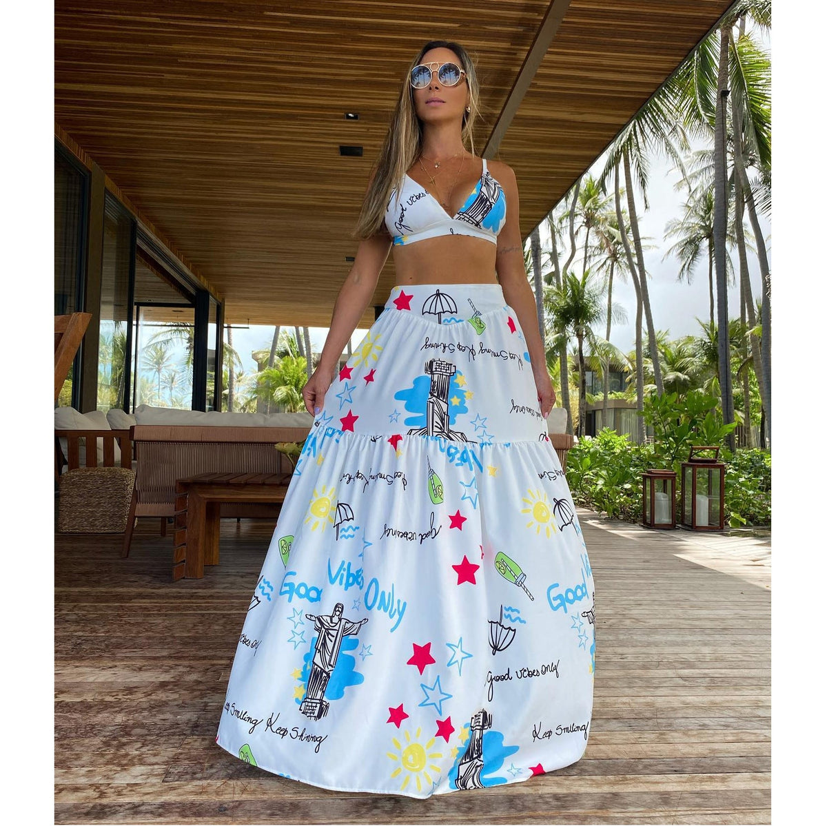 Retro Large Printed Beach Skirt Set Sexy Split Two Piece Sets