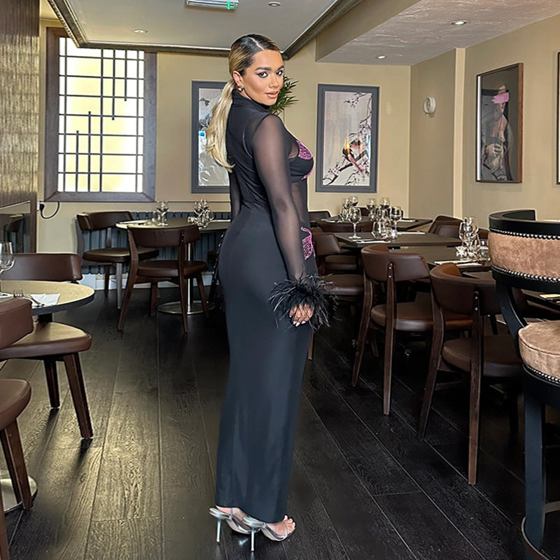 Gray Rhinestone Dress Autumn Sexy See through Sheath Dress