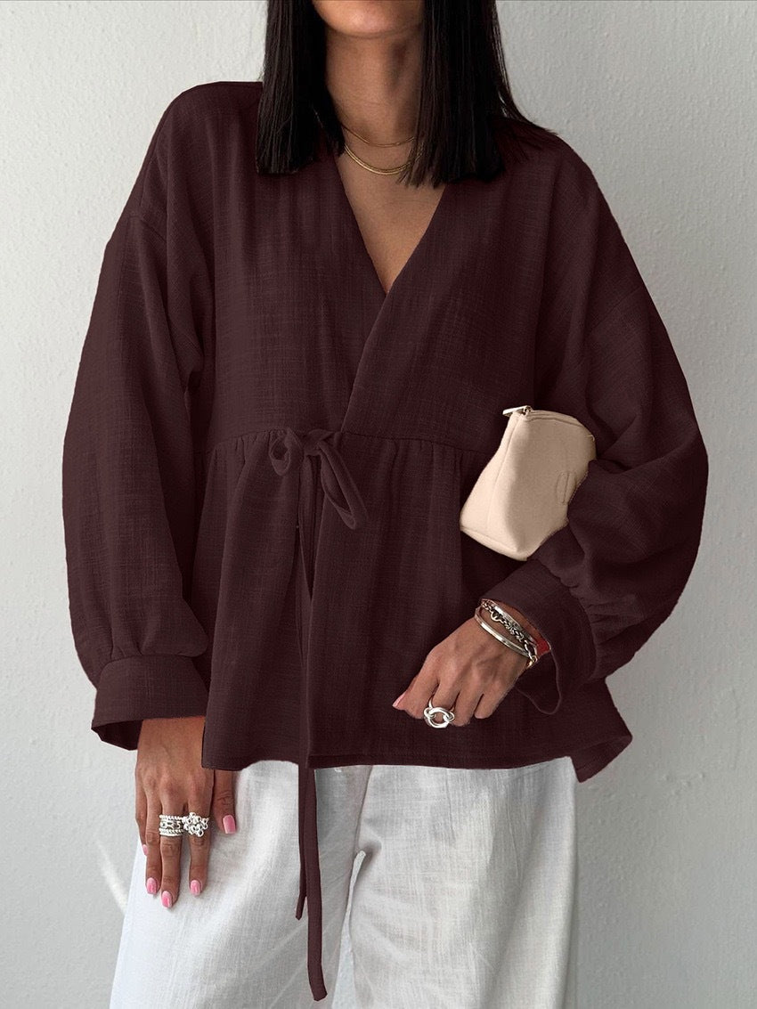 Spring Autumn Cotton Linen Solid Color V neck Trousers Comfortable Soft Shirt Women