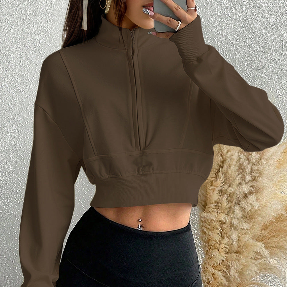 Autumn Winter Wild Brown Short Sweater Women Stand Collar Zipper Retro Loose Casual Sports Top