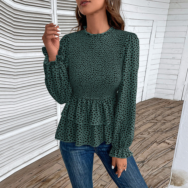 Autumn Women Clothing Mid Collar Printed Long Sleeve Shirt