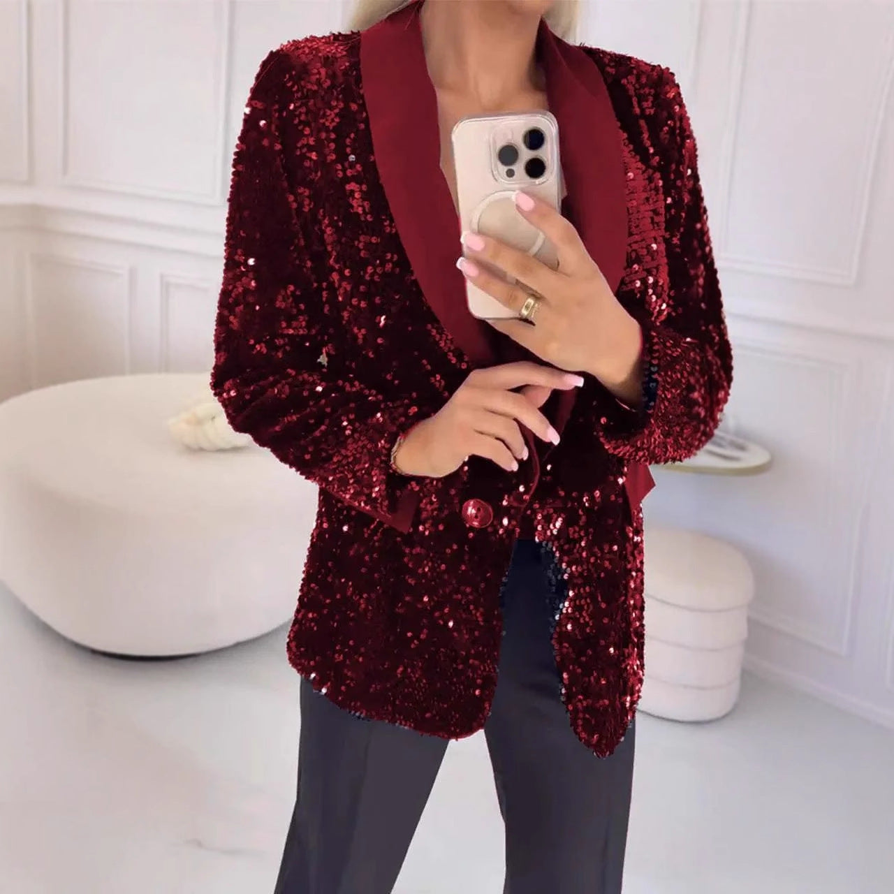 Autumn Winter Casual Fashionable Sequ Collared Blazer