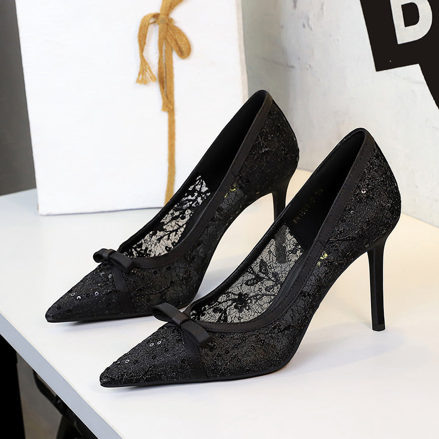 Cocktail High Heel Women Shoes Bow Sequined Lace Mesh Pointed Shallow Mouth Stiletto Heel Women