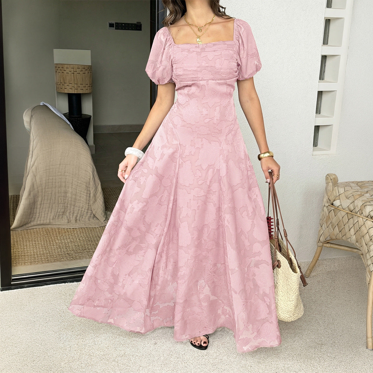 Retro Square Collar Puff Sleeve Jacquard Waist Dress Women Clothing Summer