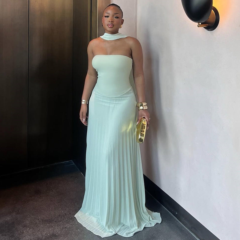 Women Clothing Summer Sweet Fresh Tube Top High Waist Slimming Pleated Dress Long Dress
