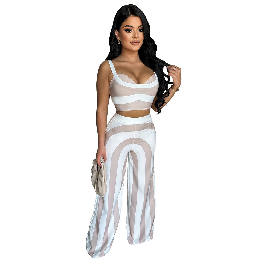 Women Clothing Summer Popular Striped Sling Casual Set