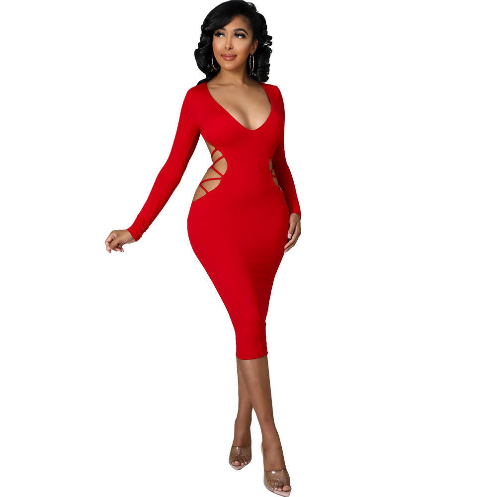 Women Clothing Sexy Tight Backless Hollow Out Cutout out V neck Dress Women