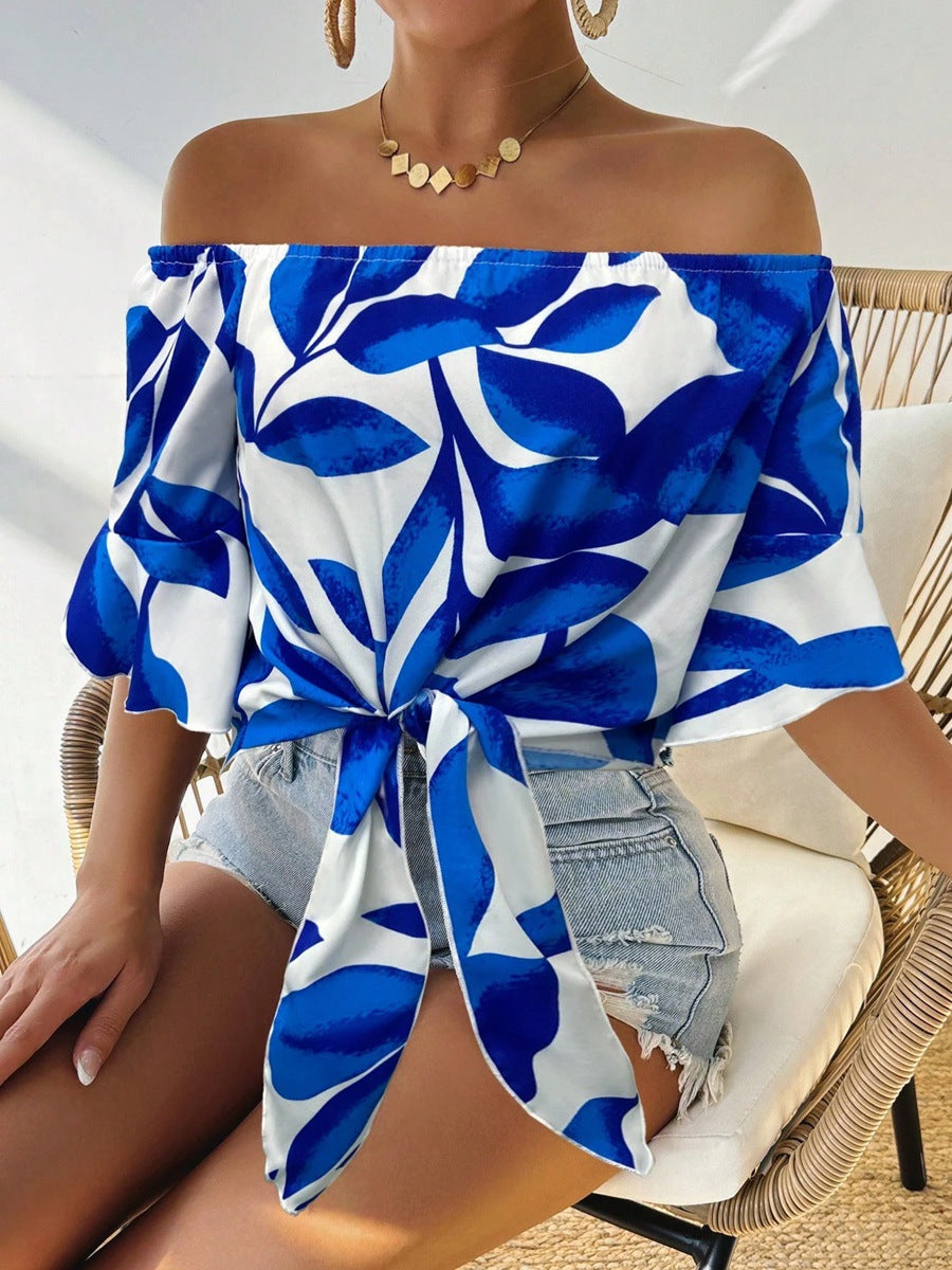 Women Clothing Early Autumn Satin Shirt Printed off the Shoulder Red Loose Fitting Shirt