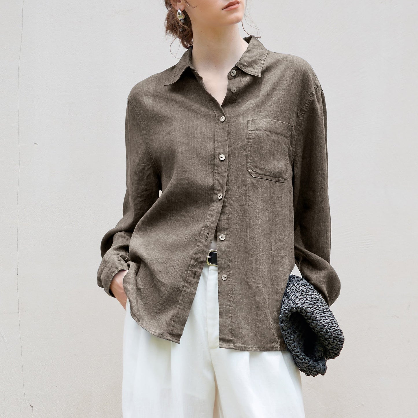 Long Linen Sleeves Shirt Women Minimalist Relaxed Single Breasted Shirt Autumn Winter Tencel Linen Solid Color Top
