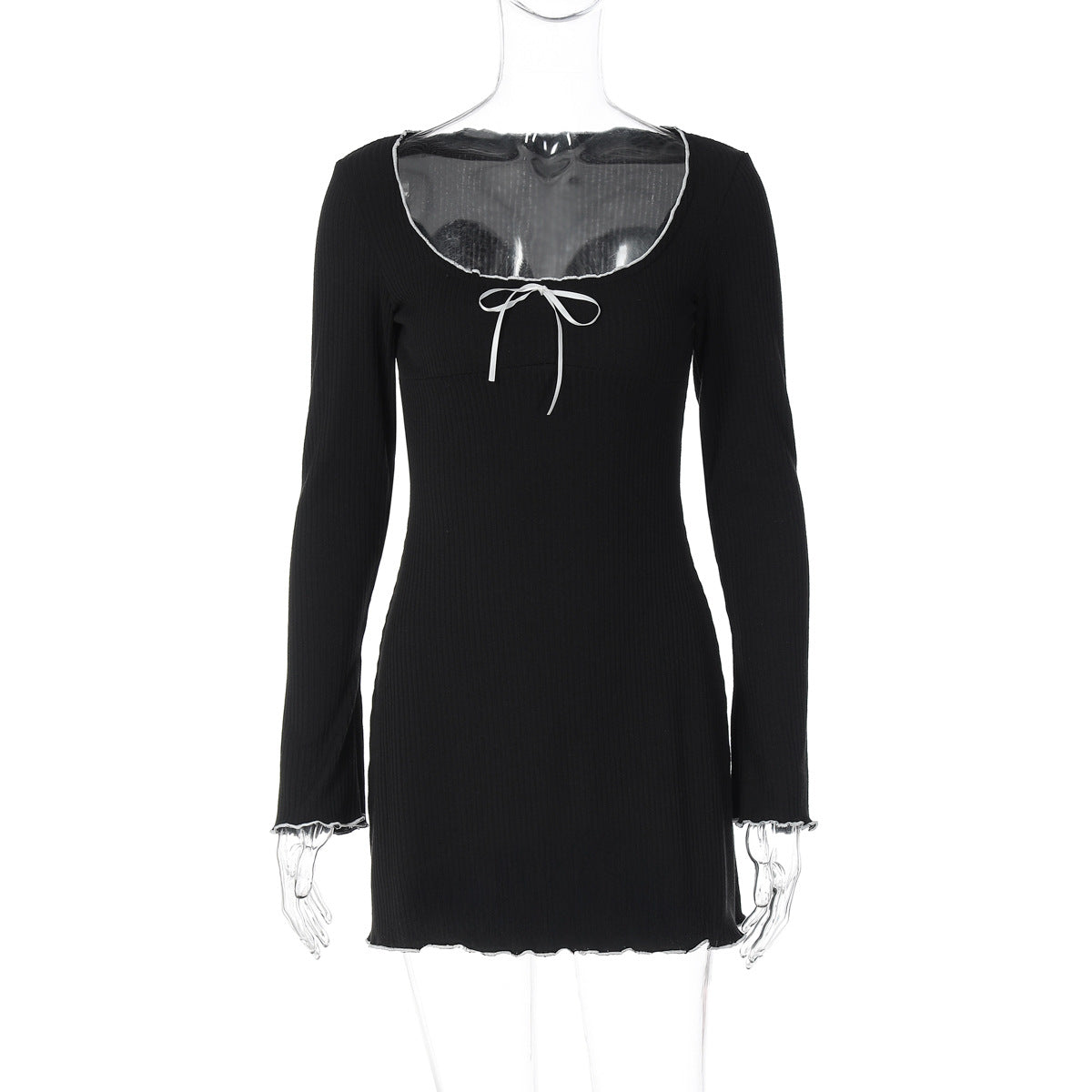 Women Clothing Autumn U-Shaped Collar Contrast Color Wooden Ear Waist Slimming Dress