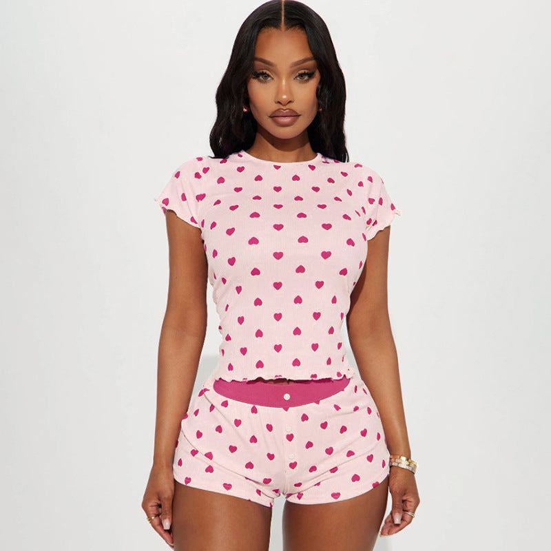Women Clothing Heart Printing Short Sleeved Shorts Basic Casual Homewear Pajamas Two Piece Sets