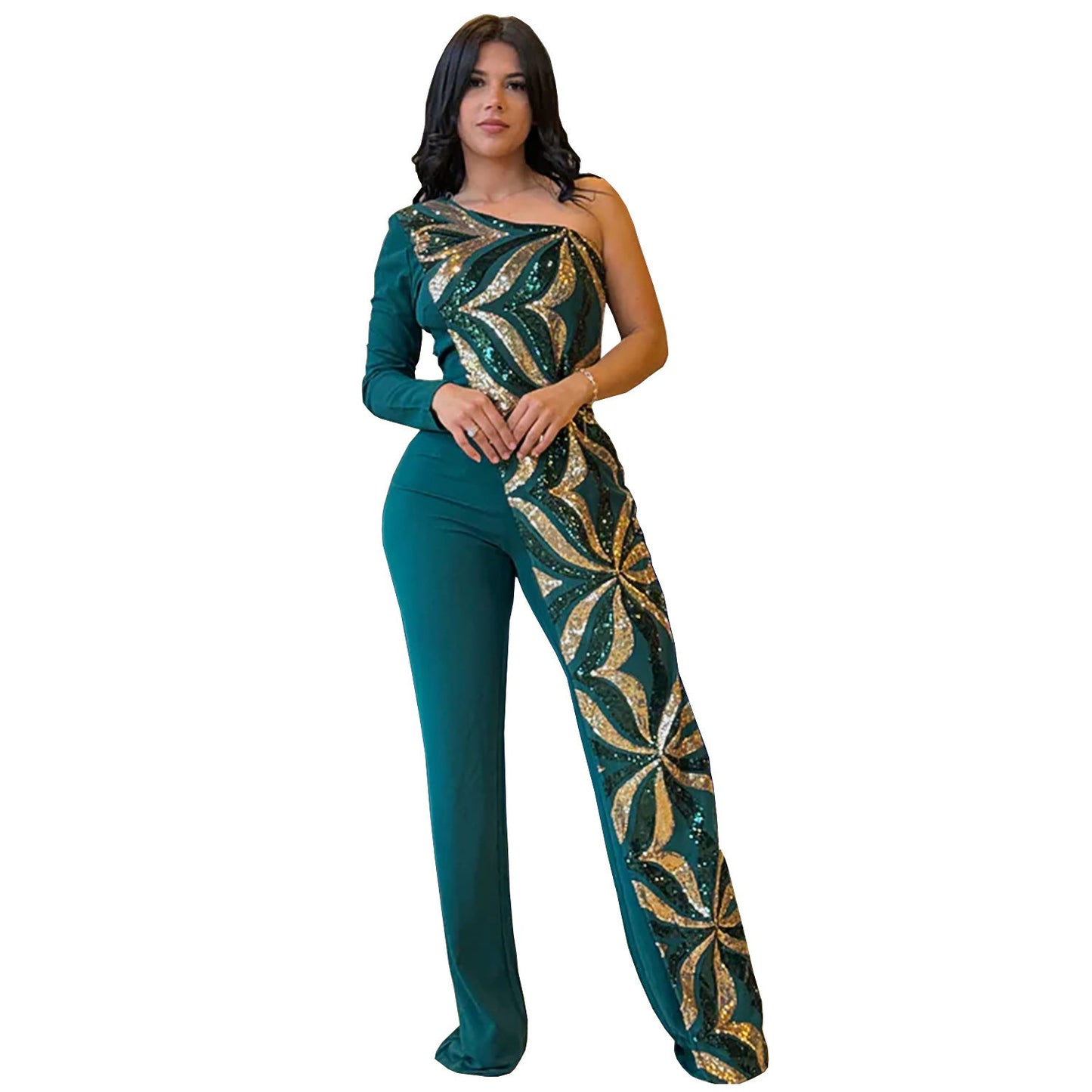 Women Wear Elegant Bodycon One Shoulder Bead Bag Arm Jumpsuit