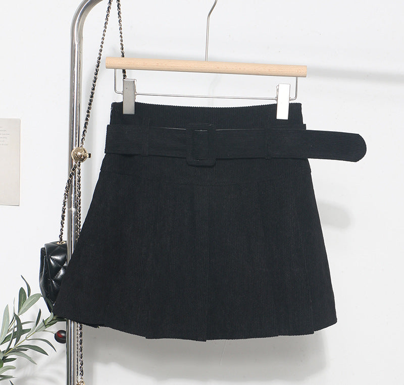 Corduroy Skirt Autumn Winter High Waist Pleated Skirt Anti Exposure A line Umbrella Skirt