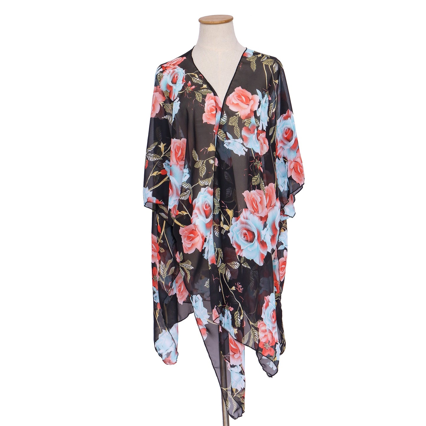 Spring Summer Casual Sun Proof Blue Pink Rose Printed Tassel Blouse Mid Length Sun Proof Clothing