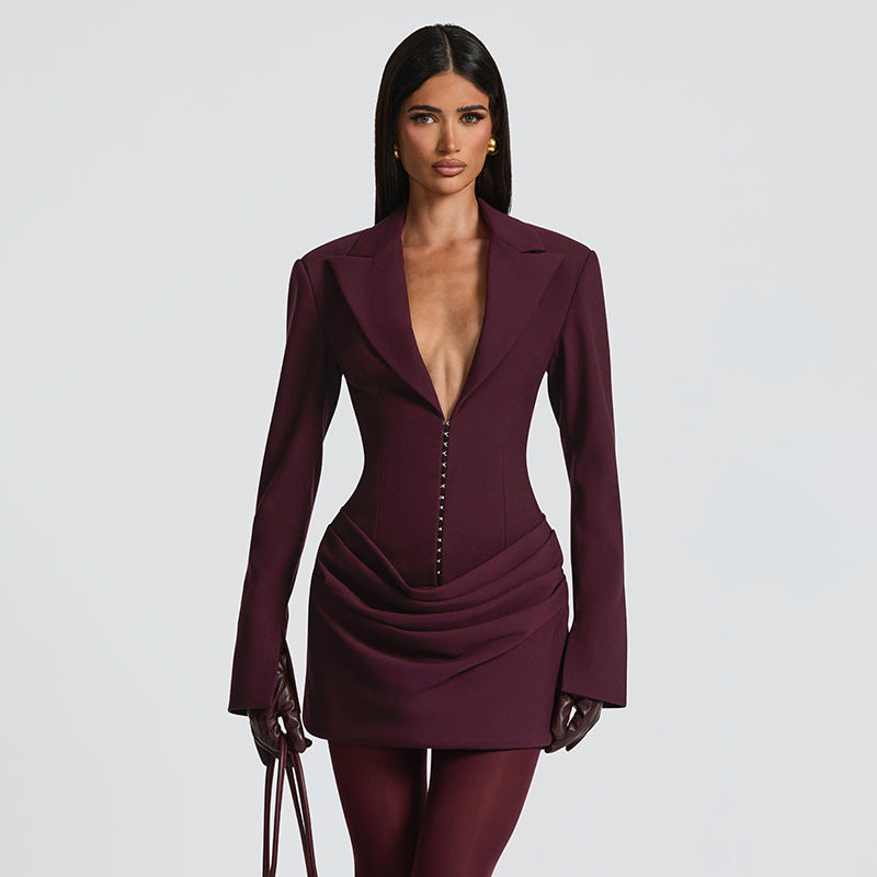 Women Clothing Autumn Winter Solid Color Deep V Plunge neck Waist Controlled Slim Fit Slimming Blazers Dress