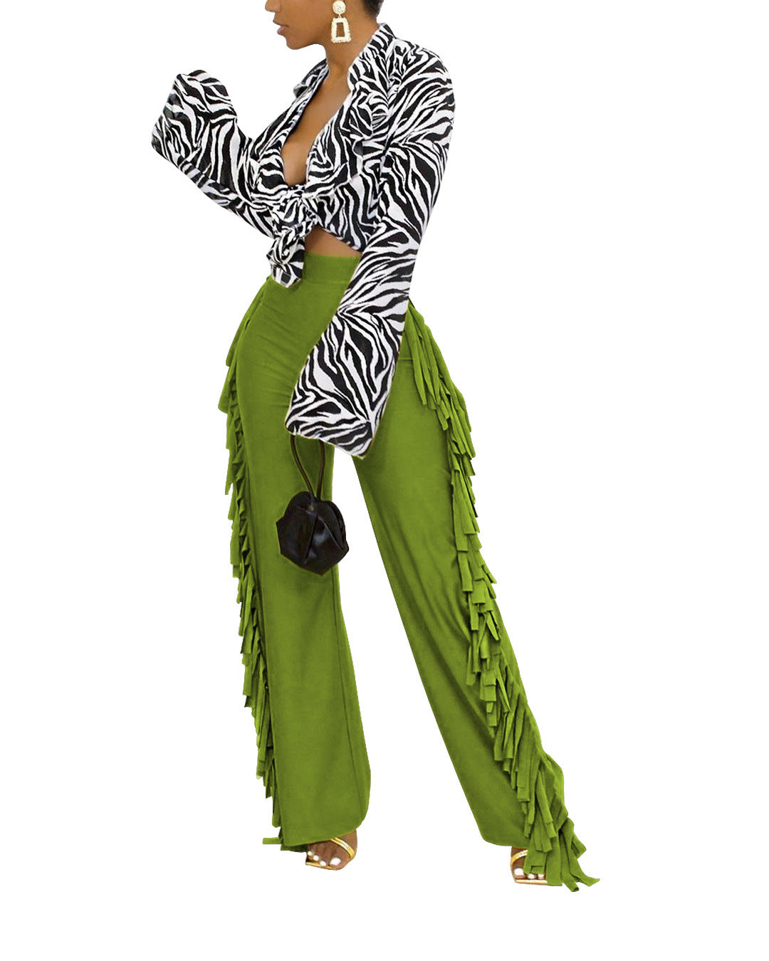 Women Brushed Cute Straight Wide-Leg Pants with Tassel on Both Sides