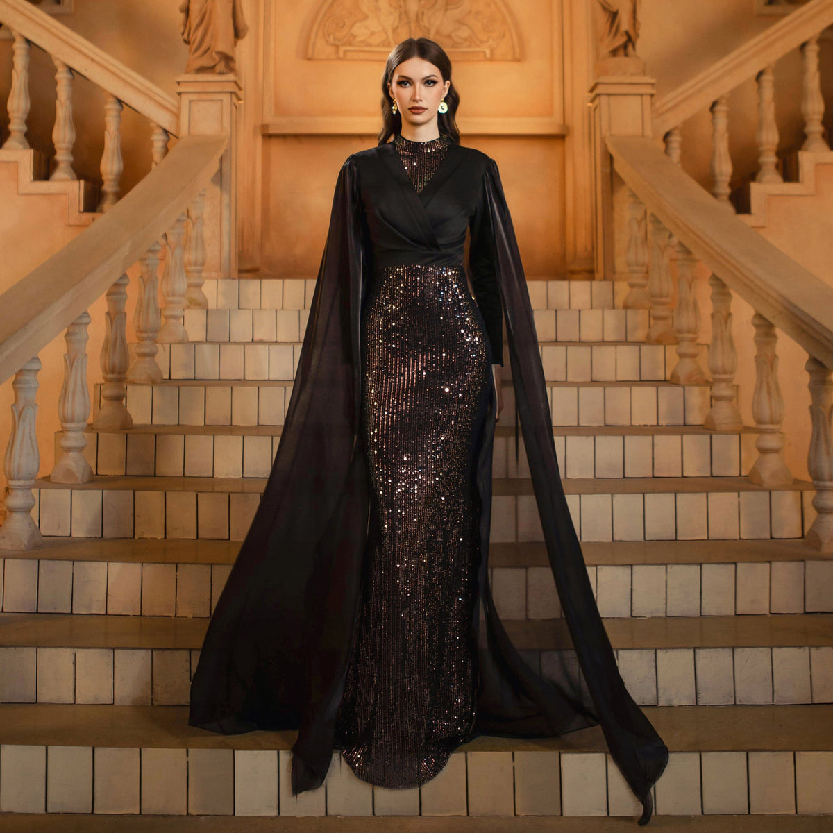 Middle East Women High End Long Sleeved round Neck Slim Fit Sheath Sequined Cocktail Evening Dress