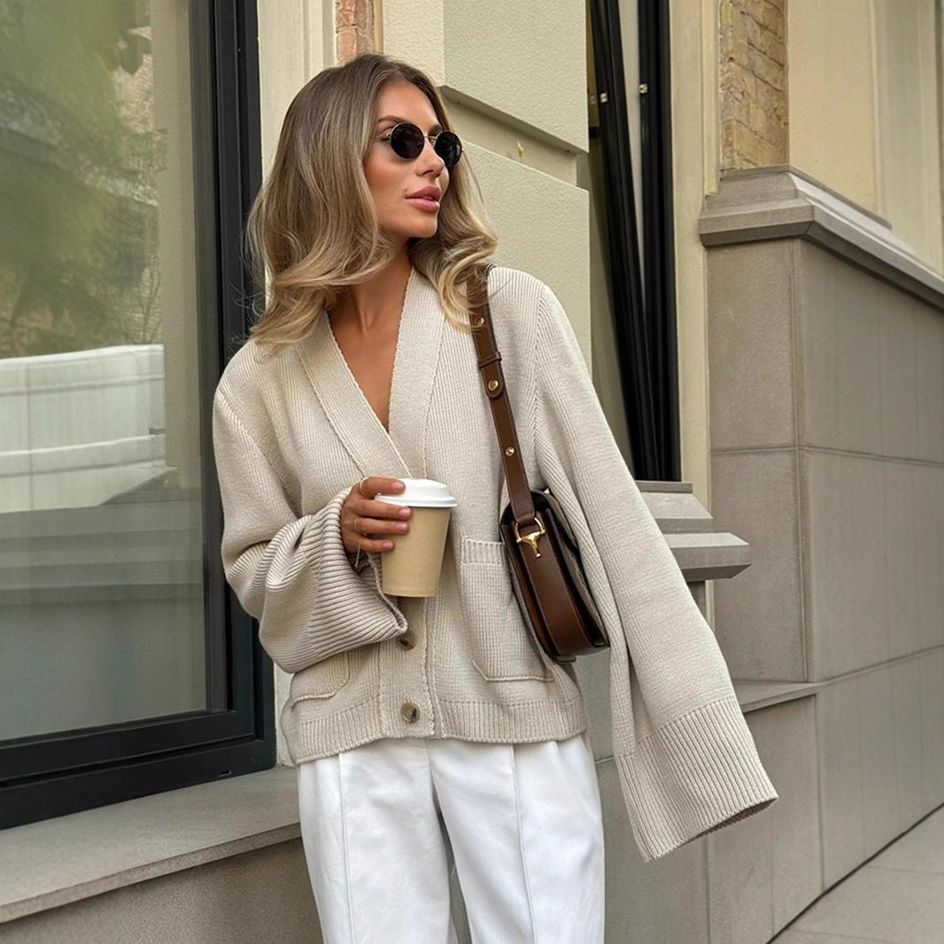 Loose Knitted Cardigan Sweater Autumn Winter V neck Knitted Cardigan Idle Loose Sweater Women