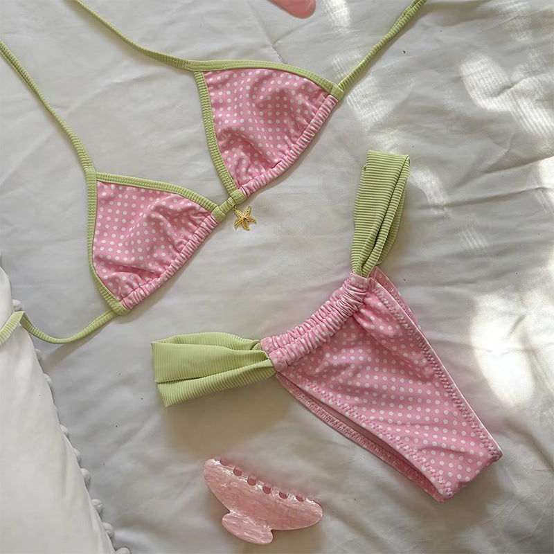 Halter Bikini Vintage Printed Split Metal Swimsuit Triangle Cup Bikini Swimsuit Women