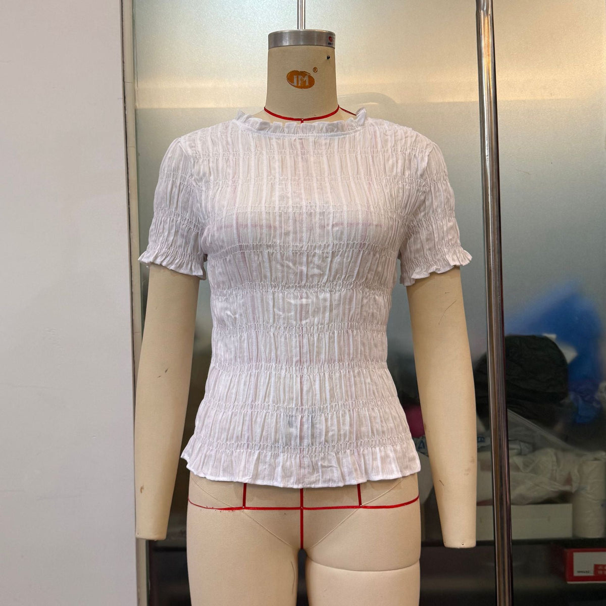Women Clothes Solid Color Grid Casual All Matching Slim Fit Fitted Waist Pleated Cropped Short Sleeved Top