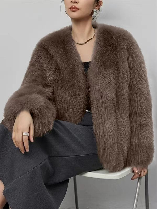 Fur V neck Artificial Fur Coat Short Fox Fur Fur Coat Fluffy Plush Women Clothing