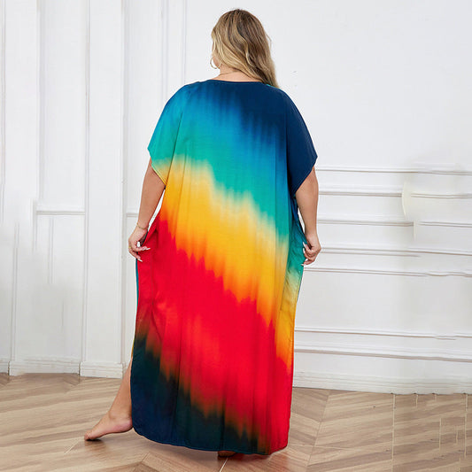 Rayon Positioning Print Holiday Loose Robe Beach Jacket Dress Bikini Cover up Blouse
