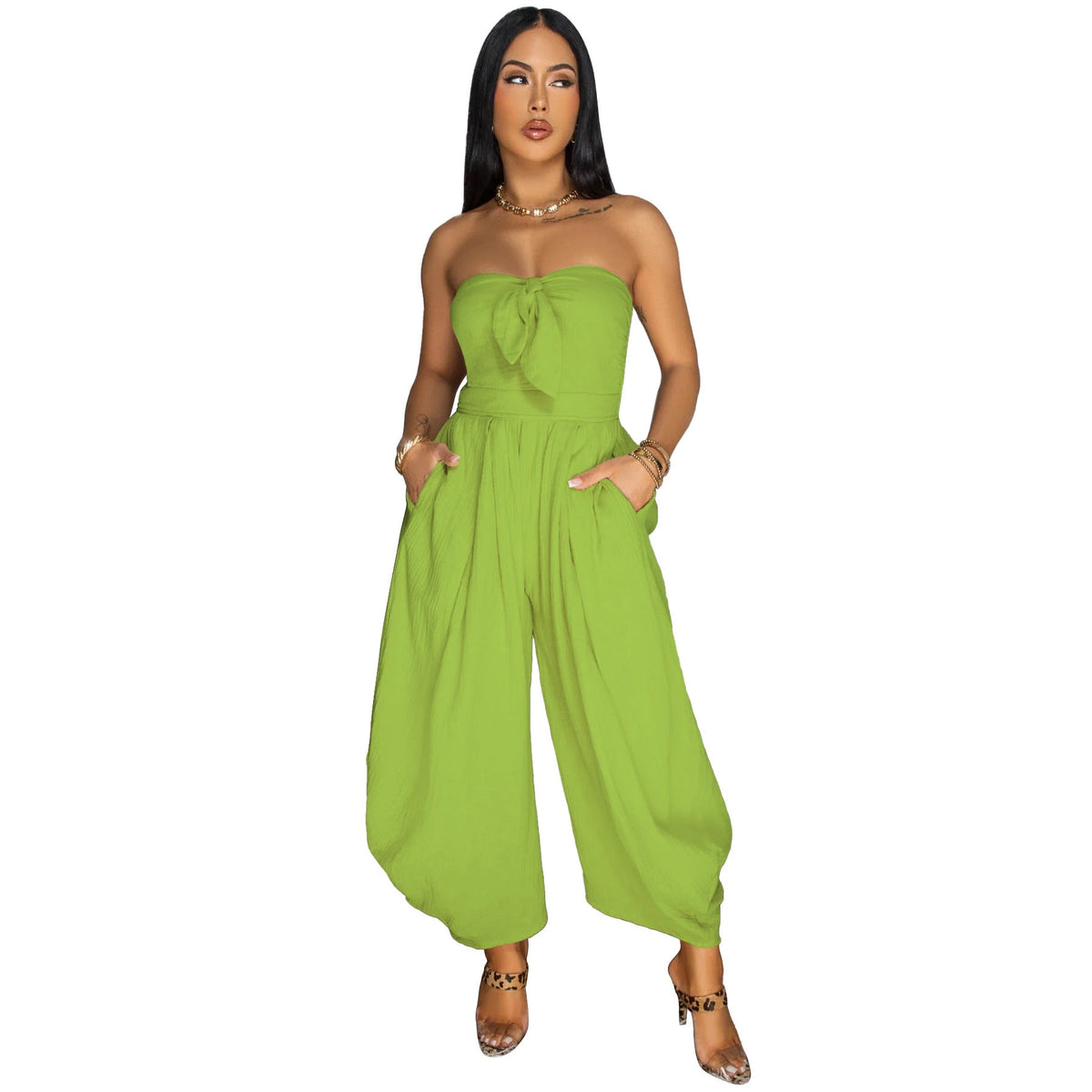 Women Summer Sexy Wrapped Chest Collar Solid Color Jumpsuit