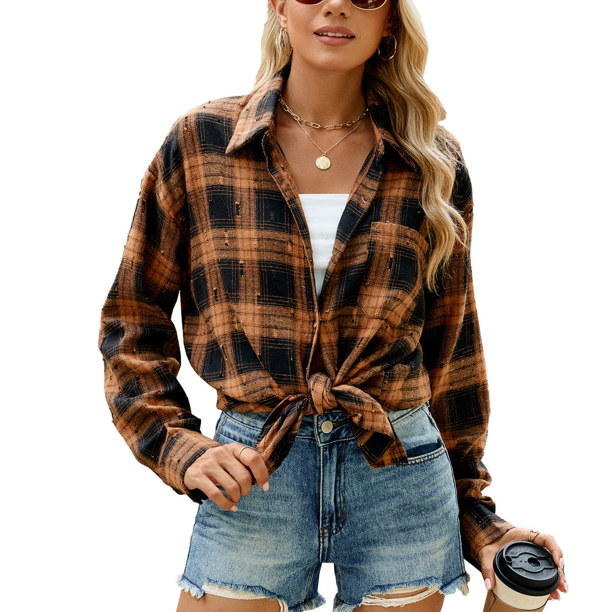 Autumn Winter Retro Crocheted Long Sleeve Loose Lapels Plaid Shirt Women