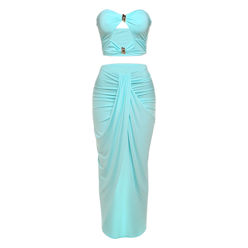 Summer Hollow Out Cutout Backless Tube Top High Waist Solid Color Split Skirt Set Women