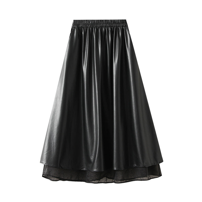 Faux Two Piece Faux Leather Skirt Women Autumn Slimming Wear Mid Length A line Skirt
