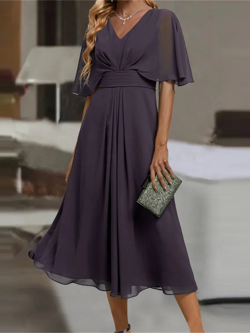 Summer Solid Color V Neck Waist Trimming Casual Swing Dress