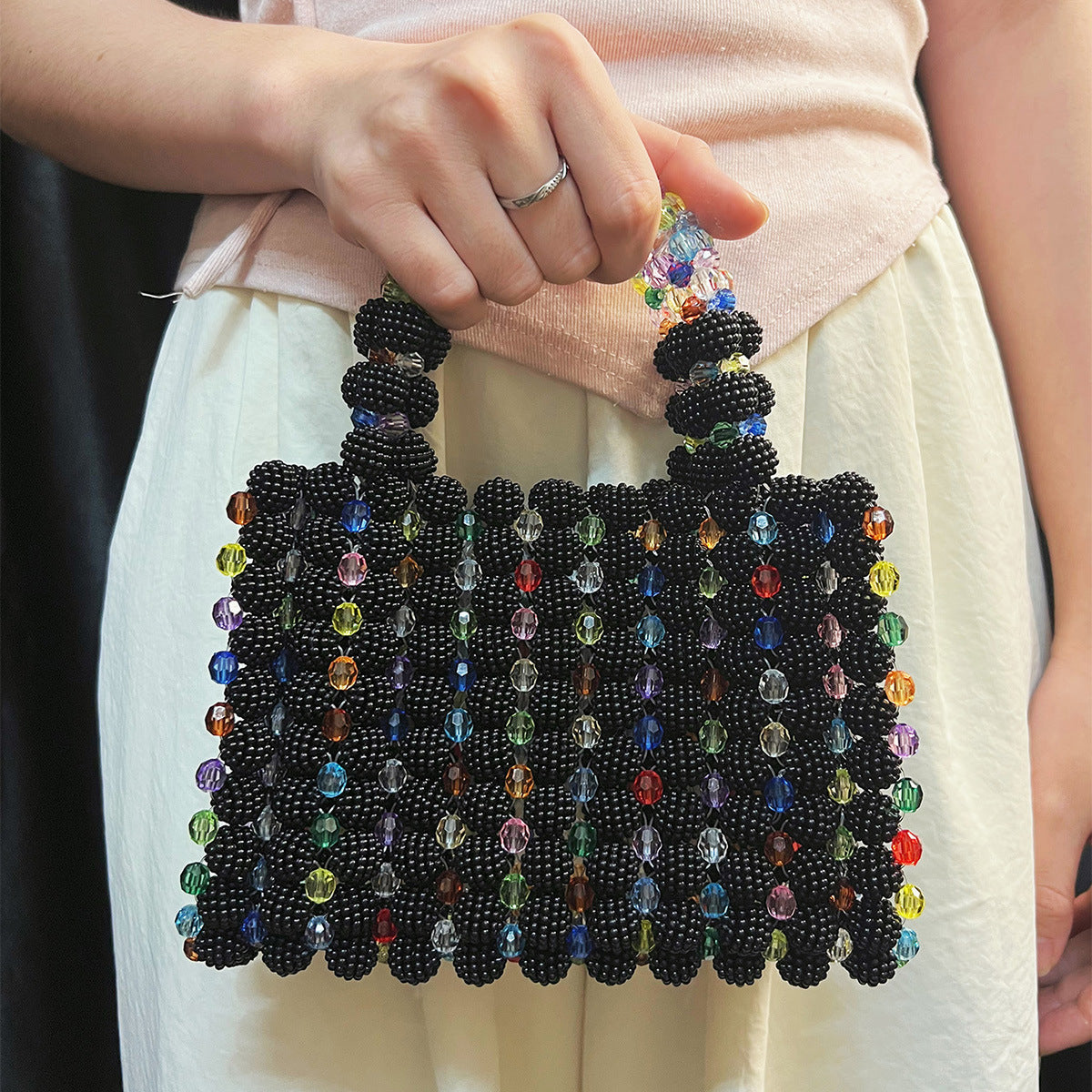 Niche Advanced Design Contrast Color Waxberry Pearl Grace Handbag Retro Casual Dinner Small Square Bag