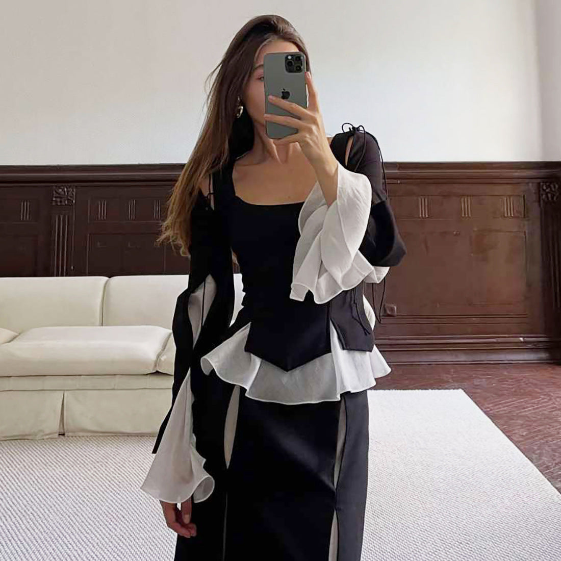 Autumn Winter Women Clothing Cool Contrast Color Slim Fit Sexy Cutout Lace up Long Sleeve Top Women