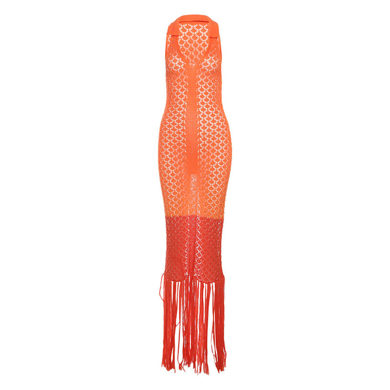Summer Sexy Hollow Out Cutout out See through Maxi Dress Polo Collar Dress Women Clothing