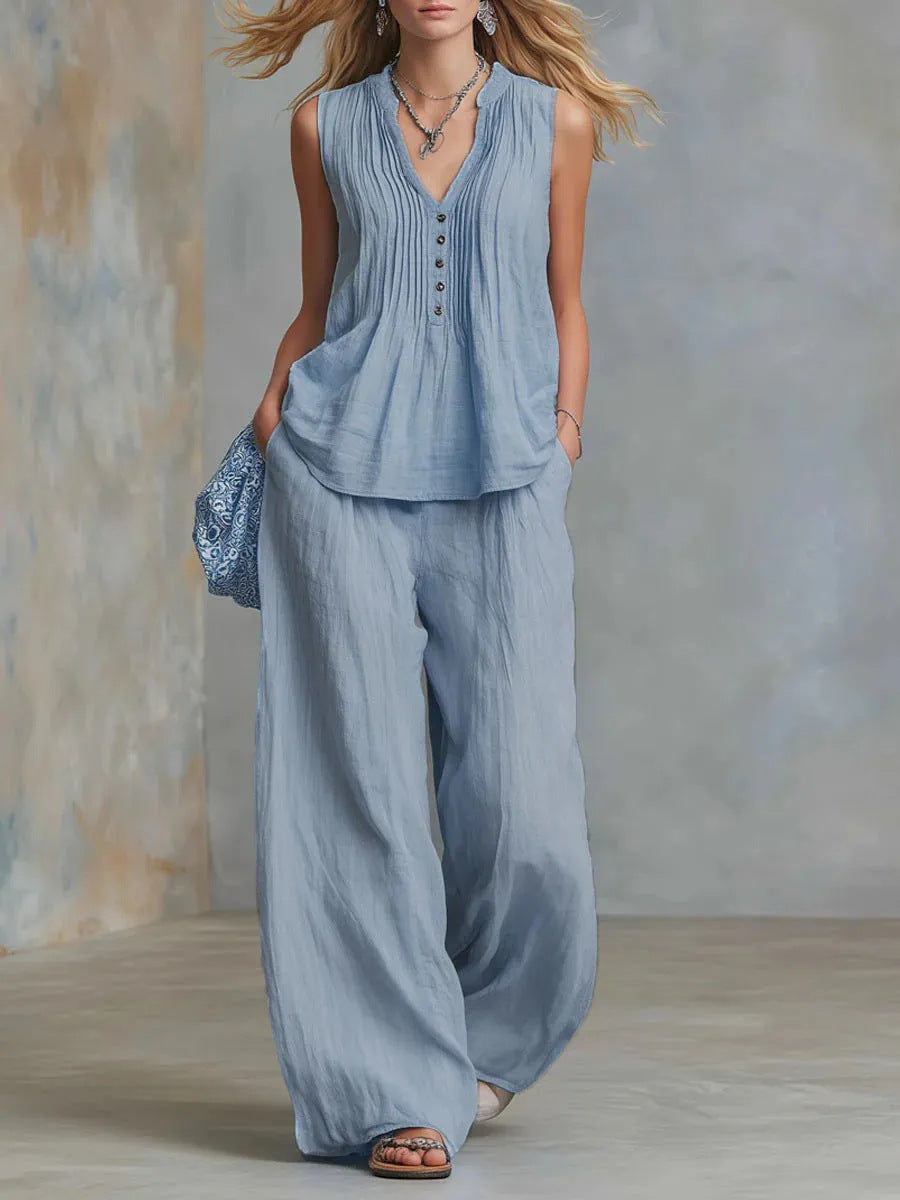 Women Clothing Summer Casual Stylish Solid Color Sleeveless V neck Set