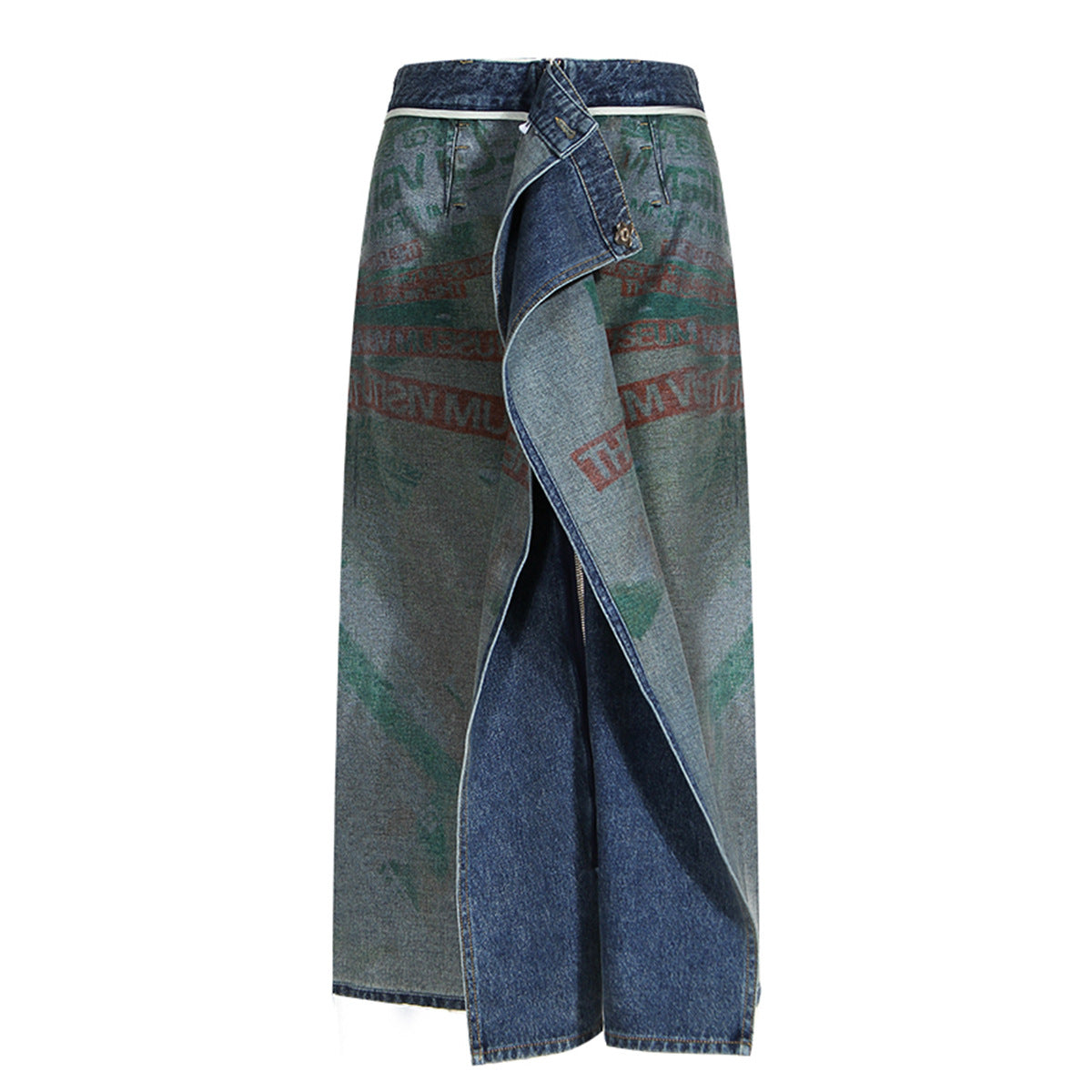 Stomach Blanket Double Sided Wear Art Design Printing Washed Do the Old Cowboy Zipper Stitching Straight Long Skirt