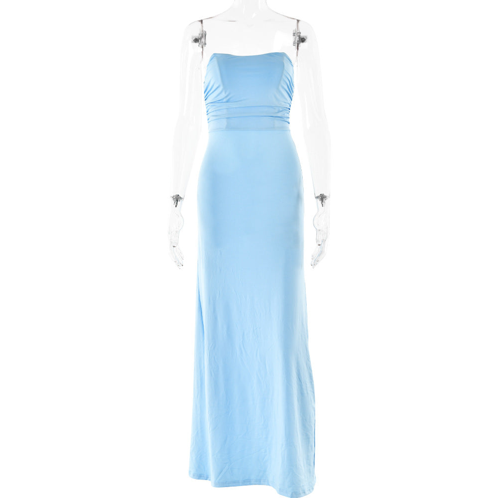 Dress Tube Top Backless Lace up Pleated Dress Sexy Slim Fit Dress