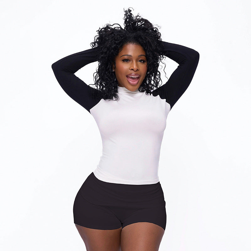 Casual Sports Basic Color Contrast Long Sleeve T shirt Top Waist Shorts Fitness Two Piece Sets