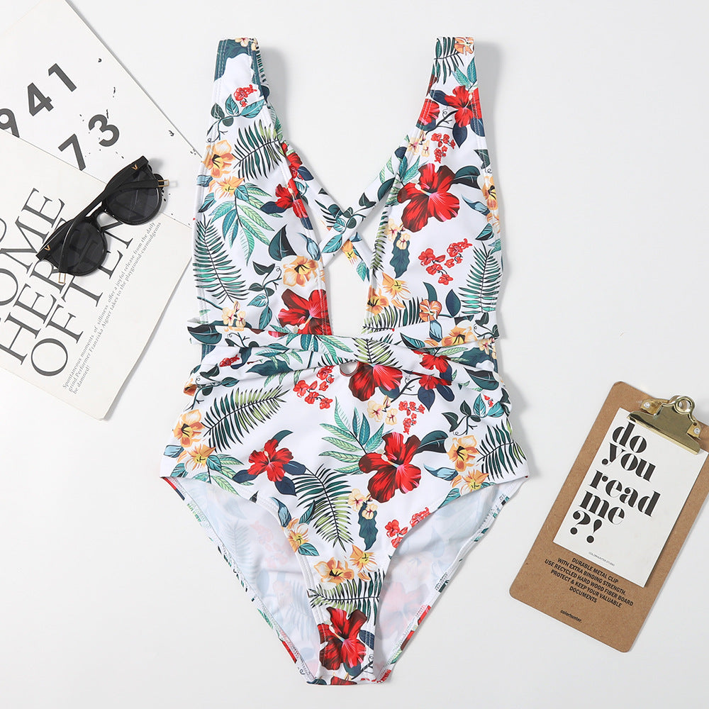 High Waist Backless Lace Up Sexy Women One Piece Printed Swimsuit Bikini Swimsuit