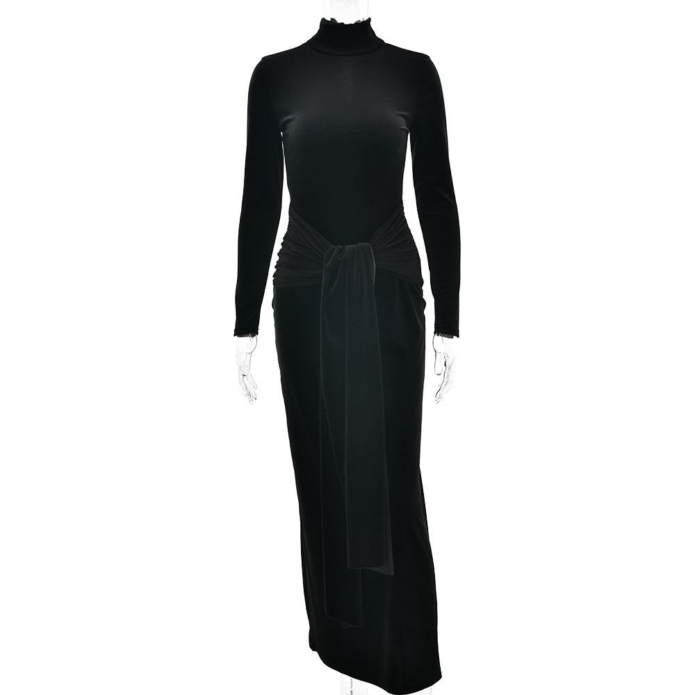 Autumn Winter Sexy Women Clothing Dress Half High Collar Long Sleeves Solid Color Maxi Dress Lace up Pleated Dress