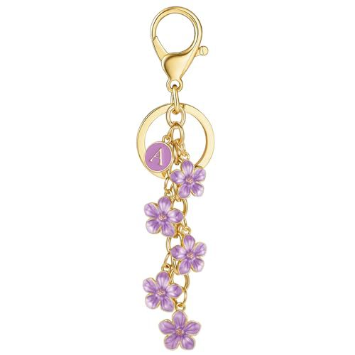 Initial Keychain Flower Charms for Key Cute Letter Keyring Bag Charm 26 Letter Flower Cherry Blossom Daisy Keychain