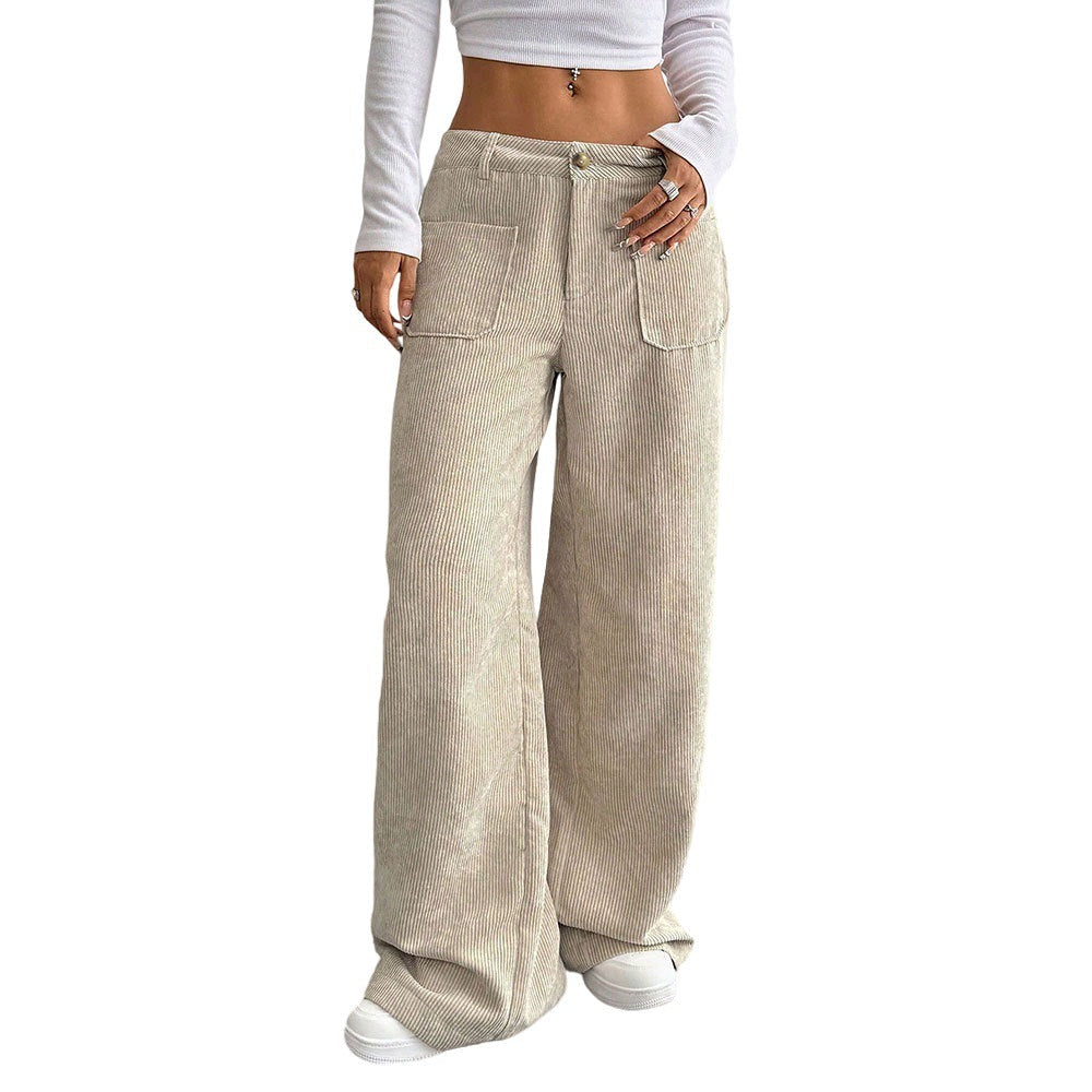 Corduroy Autumn Winter Dark Brown Vertical Stripes High Waist Wide Leg Pants Loose Slimming Casual Pants for Women