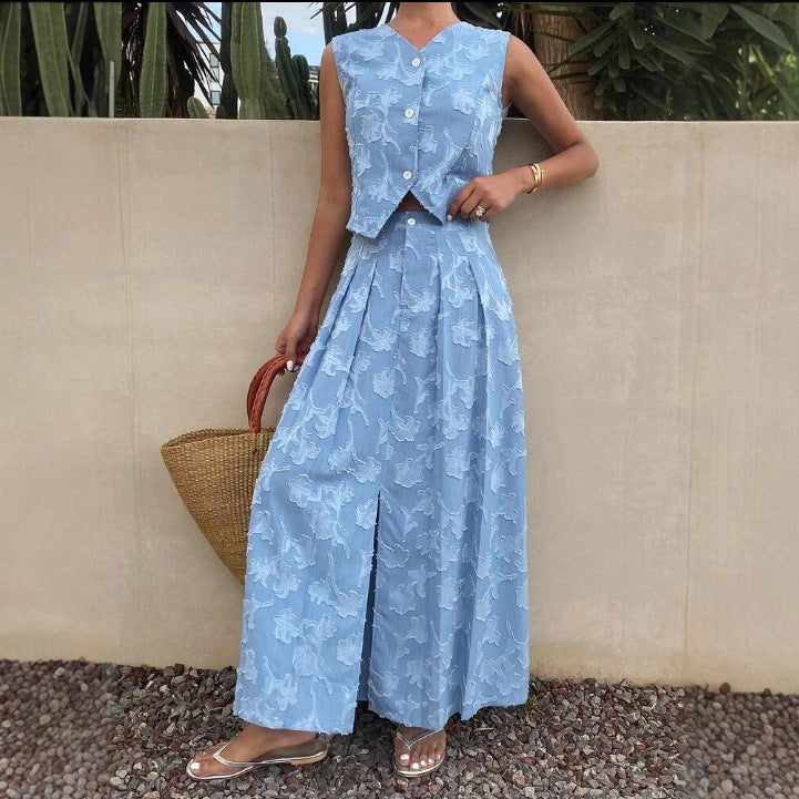 Women Casual Fashionable Stylish Jacquard Vest Nipped Waist Skirt Two Piece Sets