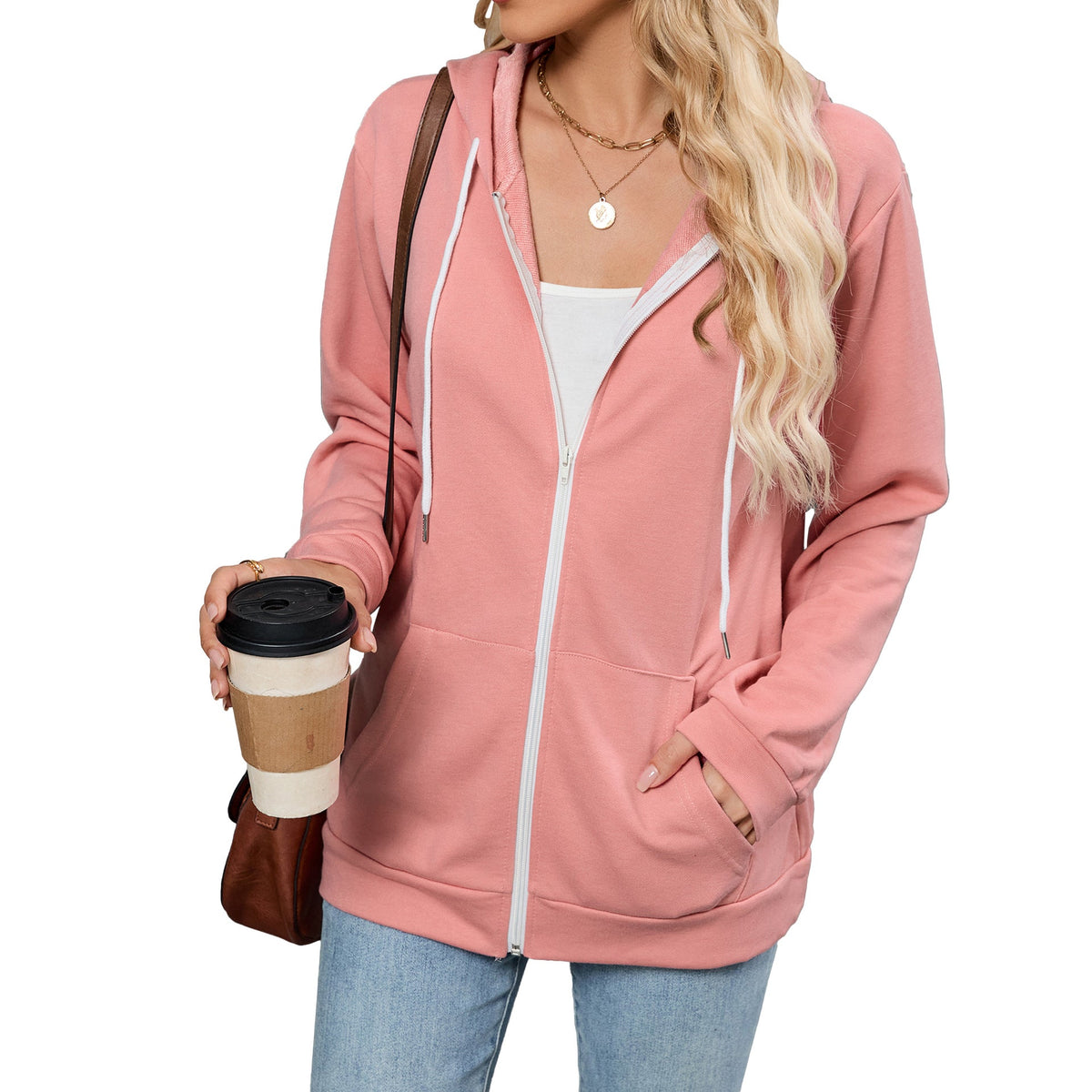 Autumn Winter Contrast Color Zipper Hooded Pocket Long Sleeve Women Top