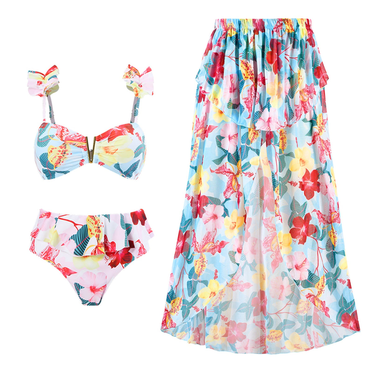 Split Conservative Swimsuit Printing V Iron Mesh Wrap Skirt Set Swimsuit